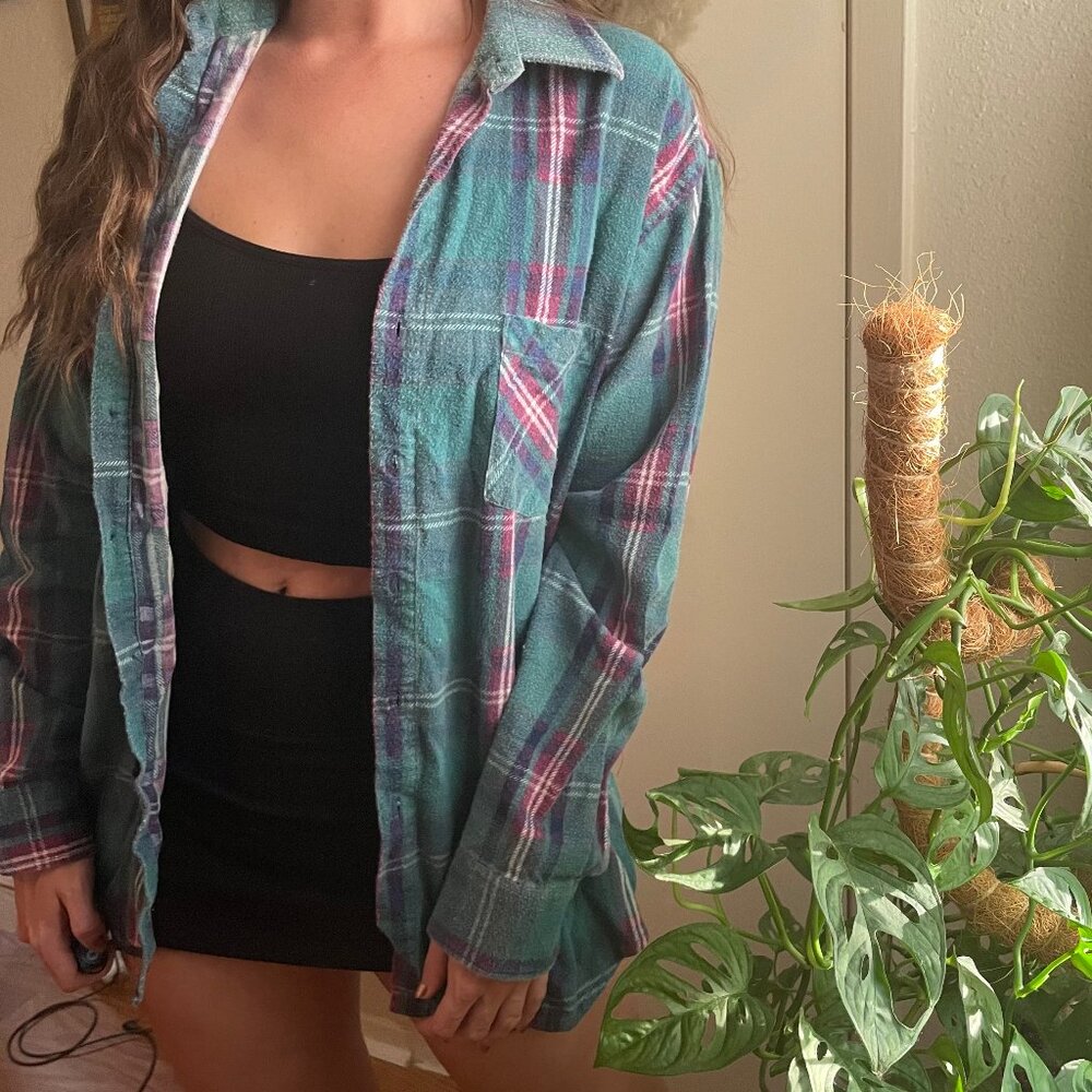 The Highlander by Bud Berma Vintage 90s Flannel Button Down | Teal Plaid | Large